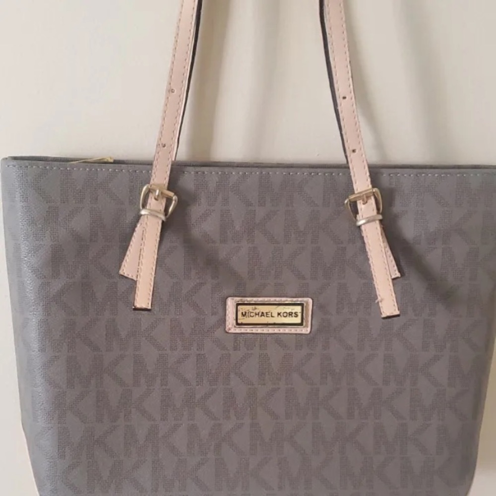 MICHAEL KORS BROWN CREAM TOTE LARGE LOGO BAG PURSE